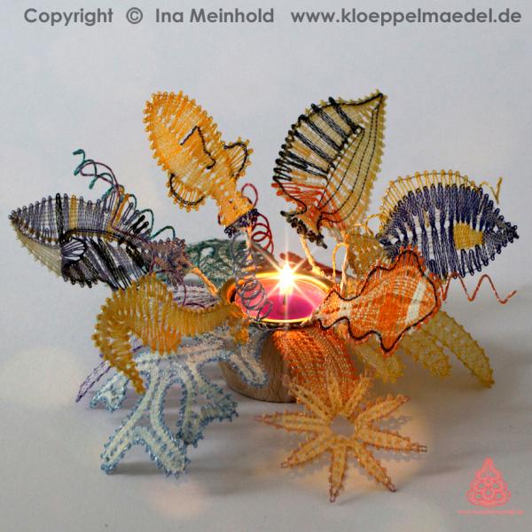 478 Klöppelbrief  „Südsee-Zauber“ für Holz-Teelichthalter